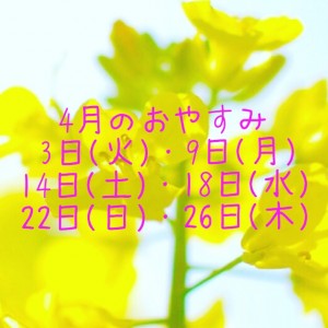 菜の花を背景に４月の休業日のスケジュールが書かれている